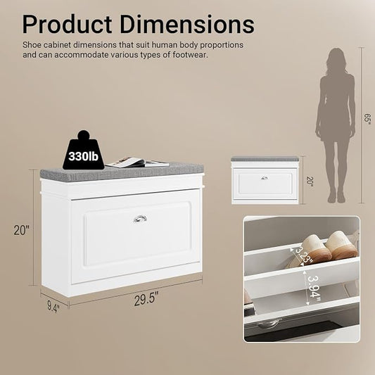 Haotian Shoe Storage Bench with Cushion, White Narrow Shoe Rack for Entryway, Small Shoe Cabinet with Flip-Drawer, Closet Hallway Mudroom FSR82-L-W