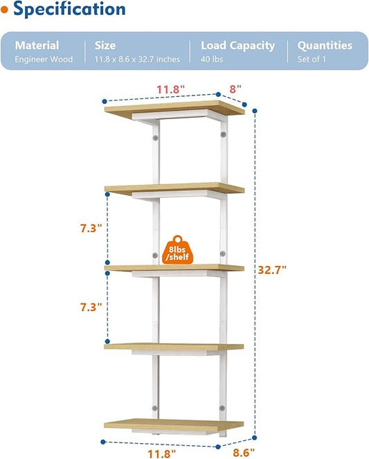 Harwaya White and Natural Tiered Wall Shelf Unit, 5 Tier Display Floating Shelves, Deep Hanging Wall Shelving Unit for Living Room Plants TV, Bedroom Books, Office Décor (White and Natural Wood)