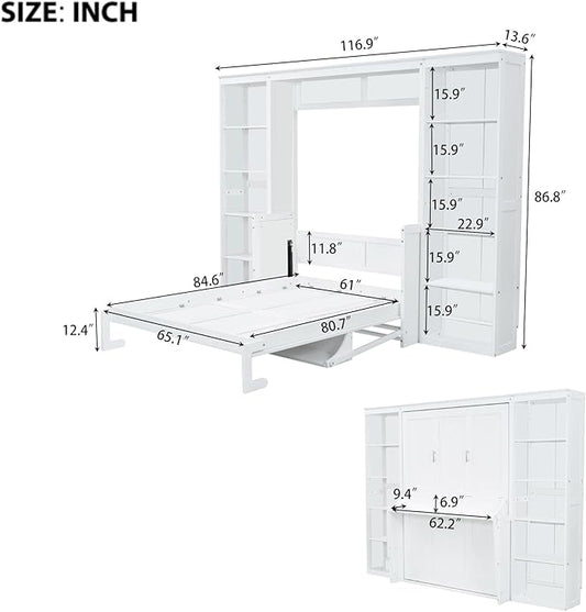 MERITLINE Queen Murphy Bed with Desk and Storage Bookcase,Wood Murphy Wall Bed Cabinet with with Storage Shelves Cabinet for Adults (Queen,White)