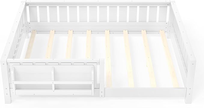Bellemave Full Size Floor Bed with Slats and Guardrails, Full Size Montessori Floor Bed with Bookcase and Fence, Low Profile Montessori Beds for Kids, White Floor Beds Frame