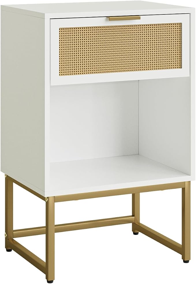 Masupu Rattan Nightstand,Modern Night Stand Boho Farmhouse Wood Bedside Table with Storage Drawer Side End Table for Bedroom,Office,White