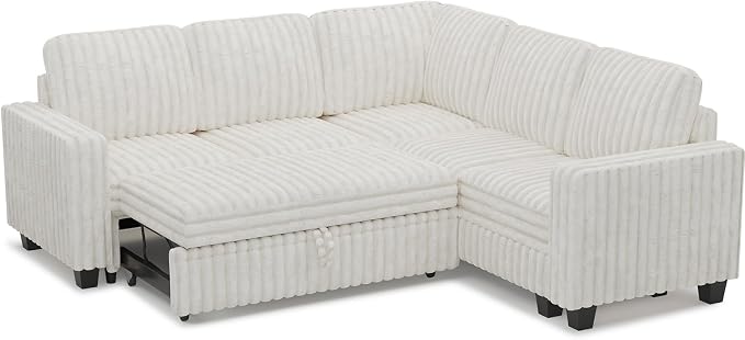 Belffin Plush Corduroy Modular Sectional Sofa with Pull Out Bed Convertible Small Sectional Corner Couch for Living Room Beige Couch