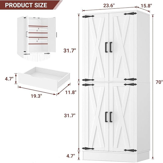 Unikito 71" Tall Kitchen Pantry Storage Cabinet with Farmhouse Barn Doors and Storage Drawer, 4 Adjustable Shelves, Freestanding Cupboard for Dining Room, Living Room, Utility Room, White