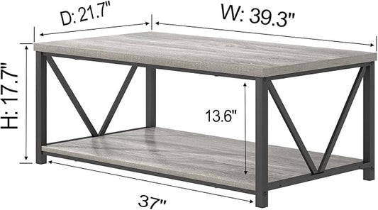 FOLUBAN Modern Coffee Table, Rustic Wood and Metal Center Table with Storage Shelf, Industrial Cocktail Table for Living Room, Light Grey, 39 Inch
