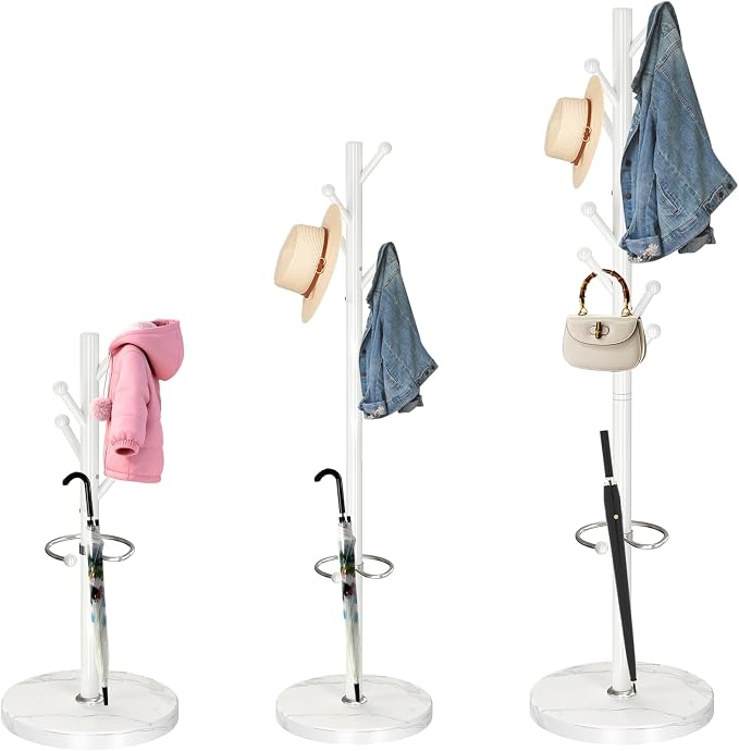 ZOZOE Metal Coat Rack Stand, Modern Coat Rack Freestanding with Natural Marble Base, Sturdy Industrial Coat Racks with 8 Hooks & Umbrella Holder,White Coat Tree Hanger Stand for Entryway,Office