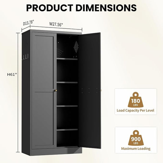 Kitchen Pantry Cabinet, 61" H Storage Cabinet with Doors and Adjustable Shelves, Spacious Cupboard with 2 Handles, Metal Kitchen Cabinet for Dining Room, Living Room,Black