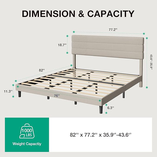 Novilla King Size Bed Frame, King Bed Frame and Headboard, Linen Upholstered Pull-Point Bed Frames, No Box Spring Needed, Metal Support Heavy Duty Feet, Easy Assembly, Beige