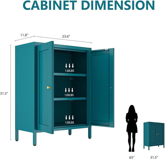 Metal Bathroom Cabinet, Small Floor Storage Cabinet, Freestanding Sideboard with 2 Adjustable Shelves for Living Room, Dining Room, Kitchen (Blue, 31.5" H-2 Doors)