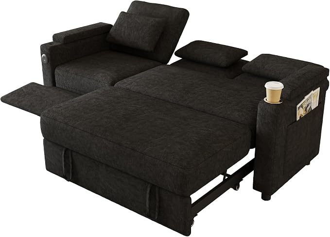 83" Recliner Sofa Bed, 3-in-1 Chenille Sleeper Sofa, Pull Out Couch with Adjustable Backrest, USB, Side Pocket, Table, Cup Holder, Cloud Couch for Living Room, Apartment, Small Space, Black