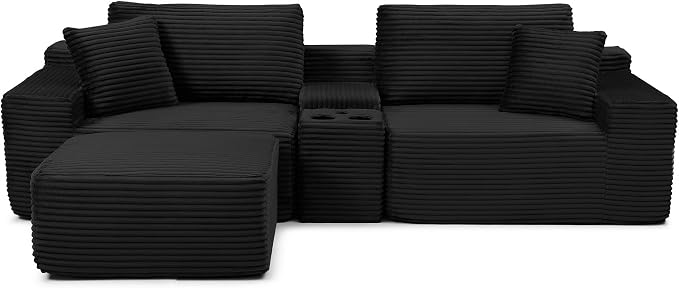 ivoros 111 Inch Modular Sectional Sofa Couch, Oversized Modern Cloud Couch for Living Room, L Shape Couches with Ottomans, USB Ports and Cup Holders, Black Corduroy Boneless Sofas, Sofa in a Box