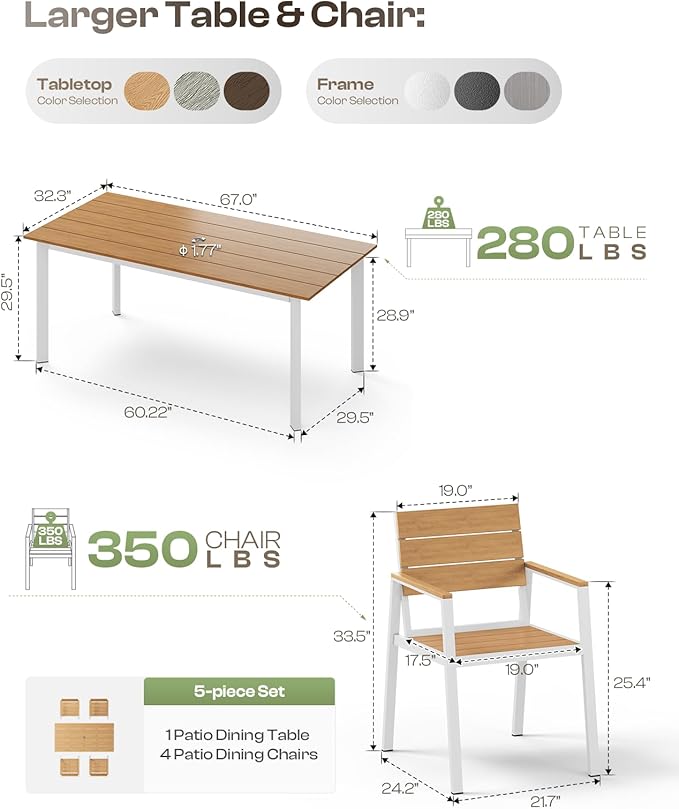 Outdoor Dining Set for 4, Patio Table and Chairs Set with Umbrella Hole, 5 Pieces HDPS + Aluminum Outdoor Furniture Sets for Patio, Garden (White & Teak)