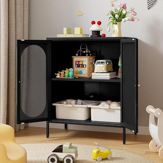 2 Mesh Door Accent Storage Cabinet for Home,Living Room,Office Room,Kitchen-Metal Locker Cabinet with 1 Adjustable Shelves-2-Tier (Small Mesh Door, Black)