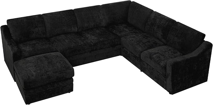 115 Inches Chenille Sectional Sofa with Storage Ottoman, Modern 7 Seats Corner Couch with Deep Seat, Comfy Modular U Shaped Couch with Comfortable Cushions for Living Room, Black