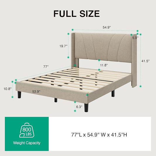 Novilla Full Size Bed Frame, Full Bed Frame with Headboard, Linen Upholstered Wing Side Headboard, No Box Spring Needed, Heavy Duty Feet, Easy Assembly, Beige