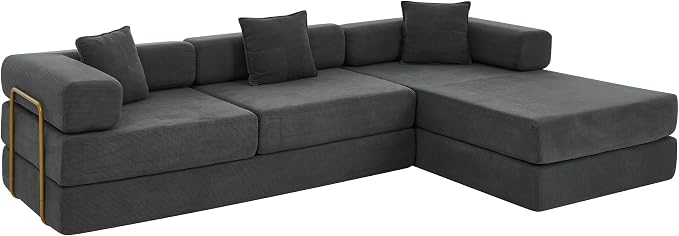 HANXIN 108" Modular Sectional Sofa, Futon Convertible Sofa Bed,Oversized Corduroy Boneless Couch for Living Room,Floor Loveseat Sleeper with Pull Out Bed,Free Combination,No Assembly Required (Grey)