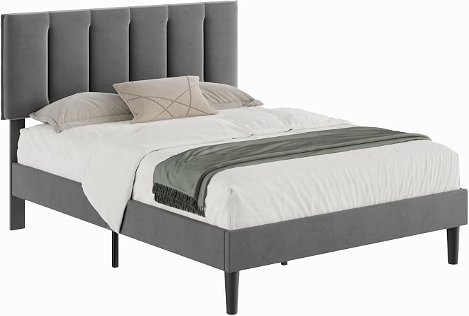 VECELO Queen Bed Frame with Upholstered Headboard, Heavy-Duty Platform Bedframe with Strong Wooden Slats Support, No Boxing Spring Needed, Dark Grey