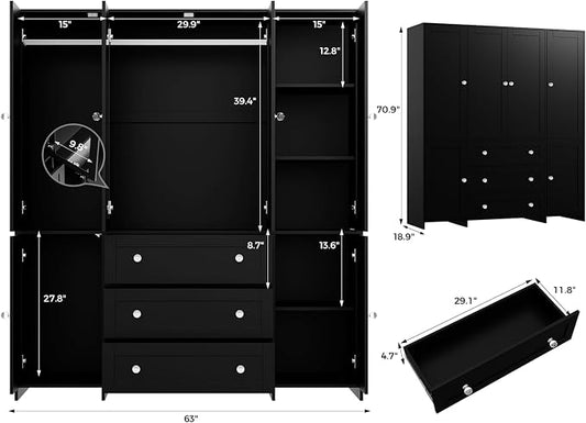 VOWNER Armoire Wardrobe Closet with Drawers and Mirror, 71" Clothing Storage Cabinet with Hanging Rod, 6 Doors Wooden Wardrobe Cabinet for Bedroom, Large Capacity Storage