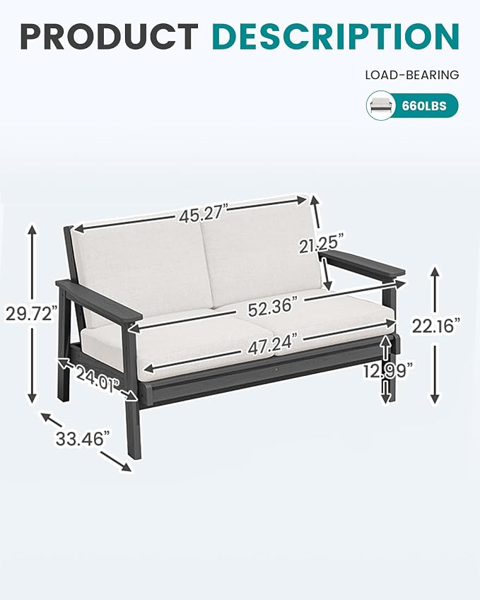 SERWALL HDPE Outdoor Patio Loveseat, All Weather Wood-Like Outdoor Sofa HDPE Outdoor Furniture, Grey Frame and Khaki Cushion