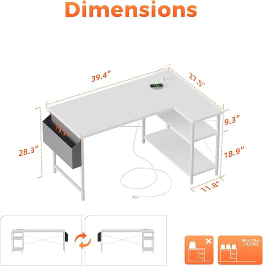 Mericonia Small L Shaped Computer Desk with Power Outlets, Reversible Gaming Desk with Storage Shelves, Corner Gamer Desk Table, Study Writing Table