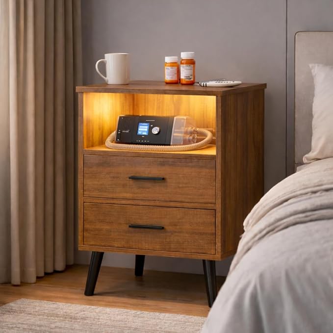 LVSOMT Brown Bedroom Nightstand with Charging Station and LED Lights, Modern Bedside Table with Hidded Drawer, Smart Night Stand with Open Storage Shelf, USB Port, Metal Legs