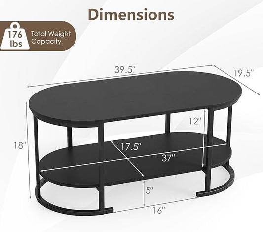 Giantex 2-Tier Coffee Table, Oval Center Table with Wood Grain Top & Open Storage Shelf, Modern Accent Table with Heavy Duty Metal Frame, Cocktail Table for Living Room Reception (Black)