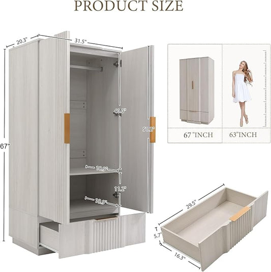 Brafab 67" Fluted Armoire Wardrobe Closet with Drawers and Doors, Wooden Wardrobe Cabinet with Adjustable Shelves, Modern Storage for Clothes, Coats for Bedroom,White Oak (1 pcs)