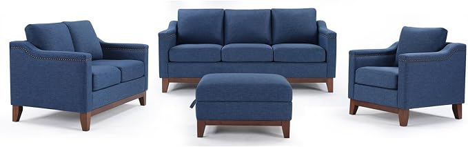 HAOMARKETS 4-Piece Living Room Sofa Set with Coffee Table, Vintage Rivet Couch Sets with Solid Wood Legs, Sofas Furniture of Ottoman with Storage Space, Armchair, Loveseat and 3-Seat Sofa, Blue