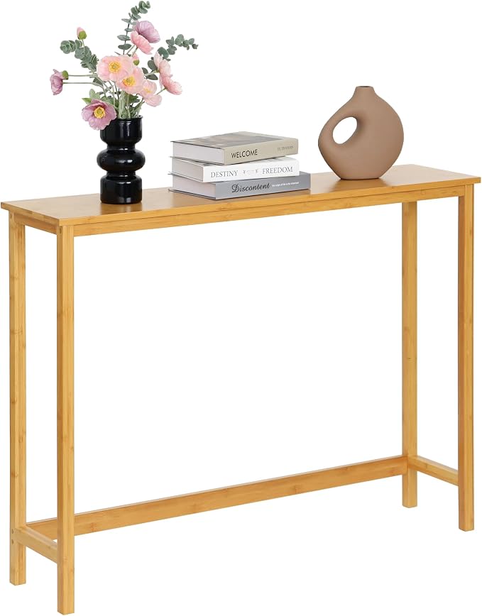 Bamboo Narrow Console Table, 39.4"(L) Wood Small Entryway Table, Accent Slim Hallway Tables, Thin Sofa Side Tables for Hallway, Living Room, Bedroom, Foyer, Burlywood