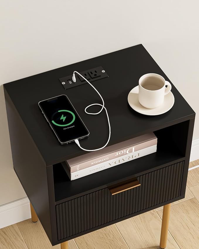 Masupu Nightstand with Charging Station,Mid-Century Modern Bedside Table with Storage Drawer and Open Wood Shelf,Small Gold Frame Side Table for Bedroom,Living Room (Black)