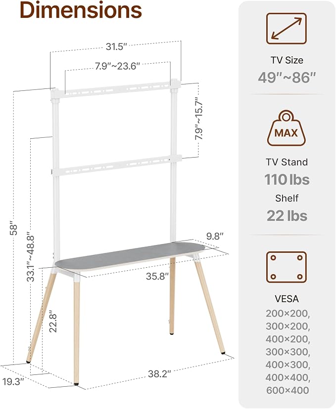 Easel Floor TV Stand with Storage for 49-86 inch TVs, Height Adjustable 4-Leg Universal TV Stand with Cable Management & Protective Pads, Holds 110 lbs for Living Room, Office, School, White