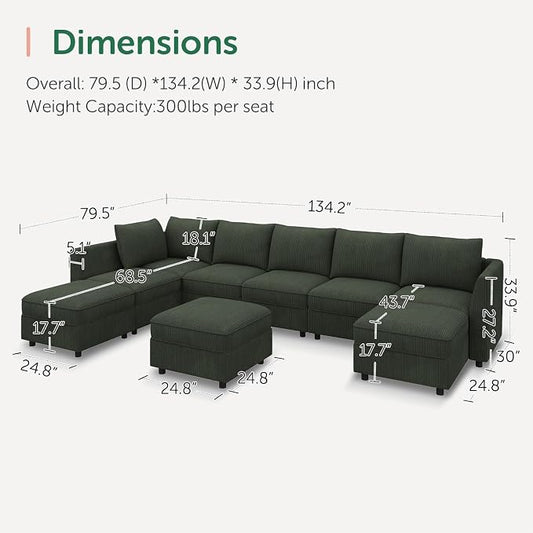 HONBAY Modular Sectional Sofa with Storage, U Shaped Couch Modular Convertible Sectional Couches for Living Room - Green