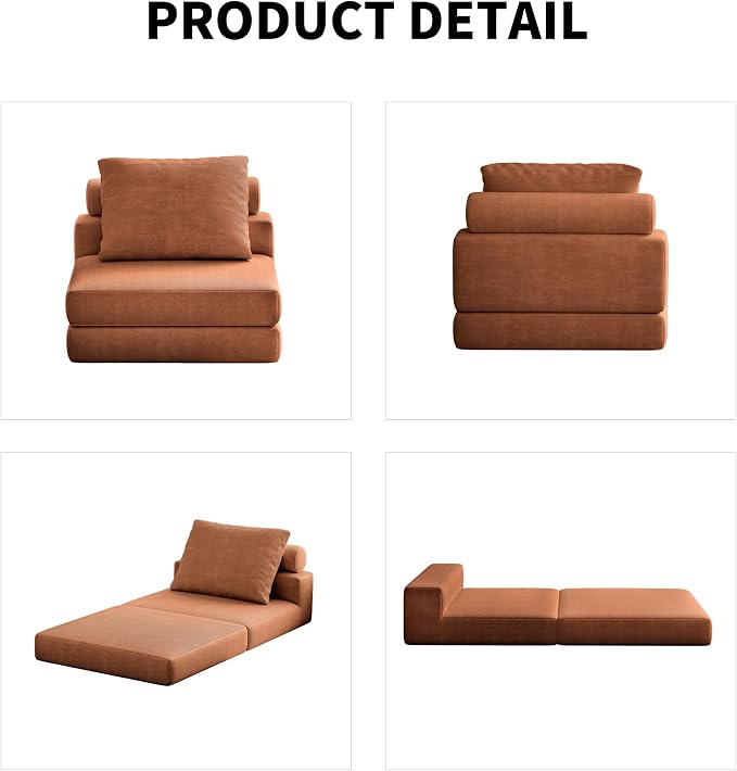 Folding Sofa Bed, 3-in-1 Convertible Sleeper Chair Bed with Pillows, Foldable Floor Couch with High-Density Foam, Futon Small Boneless Couch for Living Room Bedroom Lounge, Single, Brown