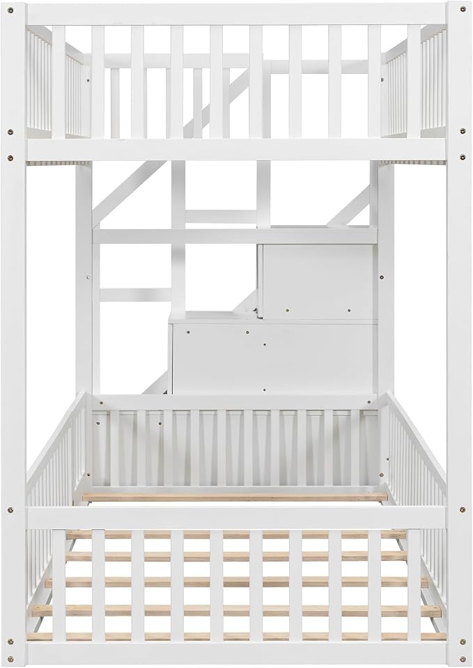 Twin Over Twin Floor Bunk Bed with Storage Ladder and Guardrails,for Kids Teens Adults (White#Ladder, Twin Over Twin)