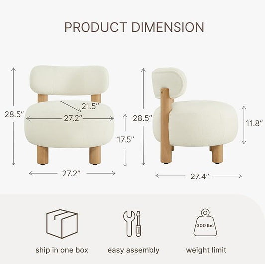 Modern Boucle Accent Chair, with Plush Faux Sherpa Upholstery, Curved Backrest, Solid Wood Legs for Living Room Bedroom Reading Nook, 27.5", White