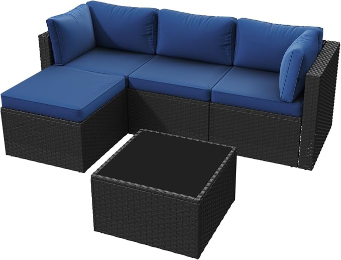 Aoxun Patio Furniture Set 5-Piece, Outdoor Sectional Sofas with Washable Cushion, Wicker Rattan Patio Conversation Sets for Backyard Porch and Poolside, Navy