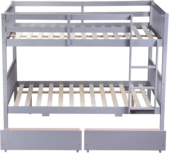 Ball & Cast Full Over Full Wood Bunk Bed for Kids,Convertible Storage Bunk Bed with Two Storage Drawers and Ladder,Can Be Divided Into Two Full Size Daybeds,No Box Spring Required,Grey