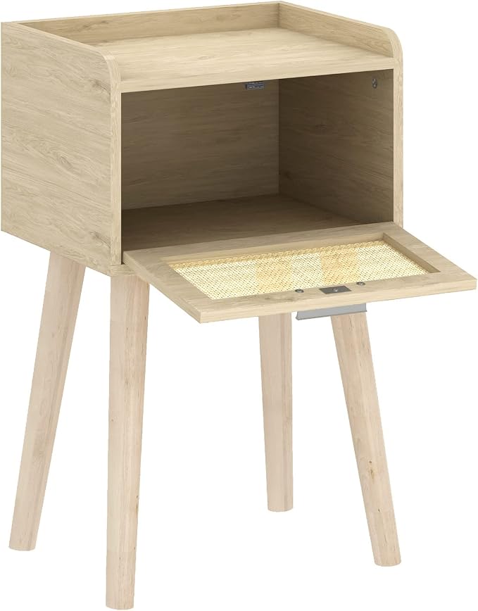 LAATOOREE Nightstand Set of 2, Small Bedside Table, End Table with Rattan Door, Boho Side Table with Solid Wood Legs for Bedroom Living Room Small Space