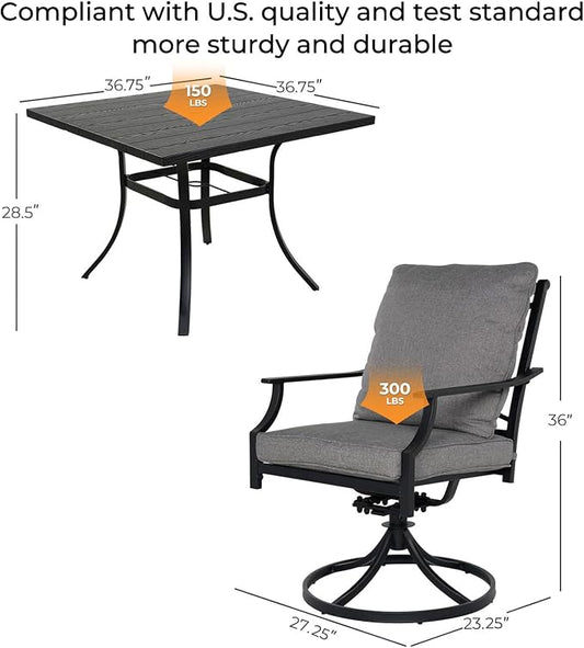 Grand patio 5-Piece Patio Dining Set for 4, E-Coated Outdoor Dining Set Swivel Patio Dining Chairs with Olefin Cushions & 1 Black Square Faux Woodgrain Dining Table with 1.5”Market Umbrella Hole