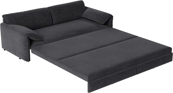 66" Sleeper Sofa Bed Queen Size, 3-in-1 Convertible Couch, Modern Pull Out Couches, Comfy Velvet Futon Sofa, Cloud Loveseat Lounge, Pillow Arm, for Small Spaces, Living Room, Apartment, Grey