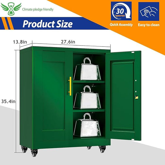 GAIOUS Metal Storage Cabinet with Lock and Wheels, Steel Office Cabinet with 2 Door and 2 Adjustable Shelves, 35” Tall Lockable File Cabinet, Garage Cabinet, Rolling Cabinet for Home Office - Green