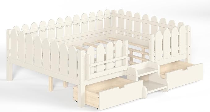 Bellemave Queen Size Montessori Bed with Stairs, Lights, Rails and Slats, Queen Size Montessori Floor Bed with Bookshelf and 2 Storage Drawers, Easy Assemble Beds Frame for Girls, Boys, Beige