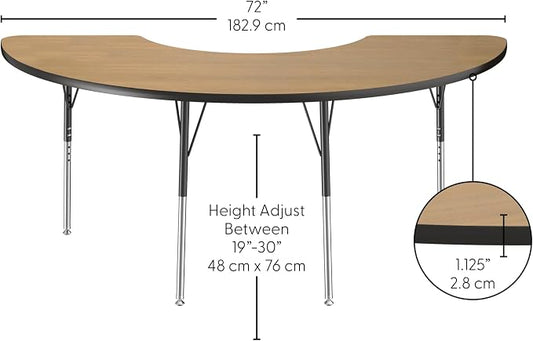 FDP Half Moon (36 x 72) Classroom Teacher Table with Adjustable Standard Swivel Glide Legs (19-30 in) School and Office Furniture - Pasadena Oak Top/Black Edge and Legs