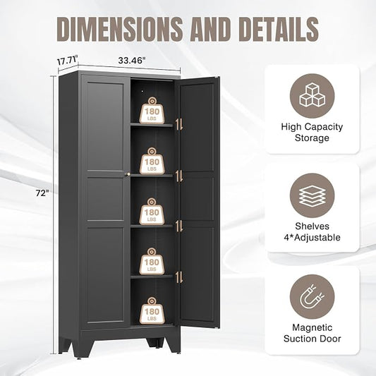 Yizosh Metal Storage Cabinet with 2 Doors and 4 Adjustable Shelves,- 72" Black Kitchen Pantry Storage Cabinet for Kitchen,Living Room,Dining Room