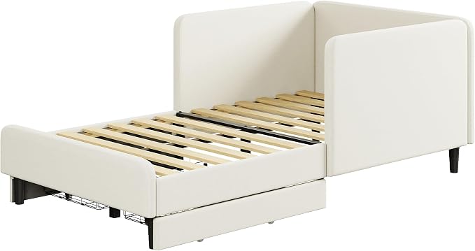 LIKIMIO Twin XL Daybed with Headboard, Corner Bed Frame with Bed Rails and Storage Drawers, Solid Support, for Bedroom Guest Room, Cream