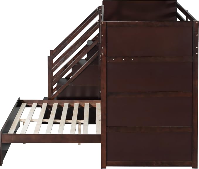 RUNNA Twin Over Full Bunk Bed with Storage Stairs, USB, Light Espresso | Twin over full bunk bed with storage stairs,USB charging station,light,solid wood,guardrails,no box spring needed Espresso