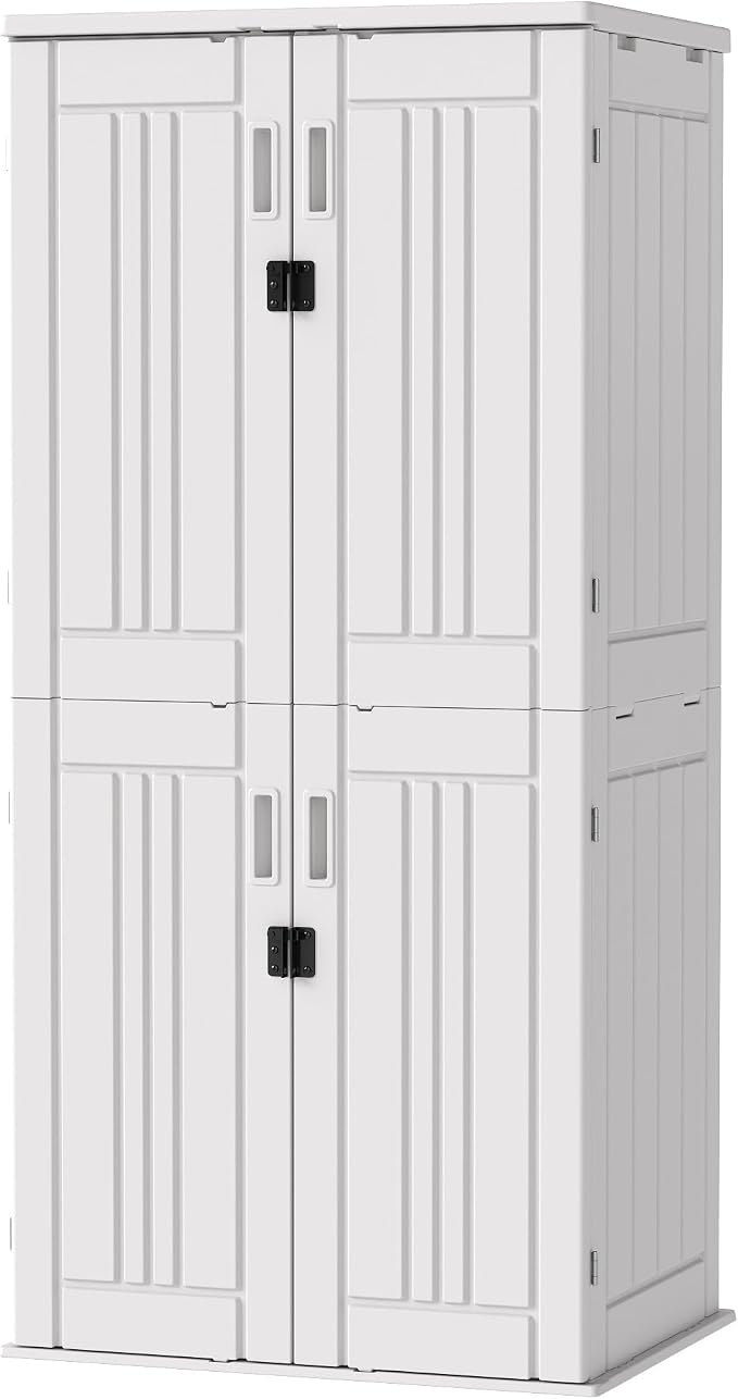 EHHLY Heavy Duty Tall Storage Cabinet Outdoor Weatherproof, 28 Cuft Garage Storage Cabinet with 4 Adjustable Shelves, Lockable Kitchen Pantry Closer Organizer, 31Wx23Lx66H, Polar White