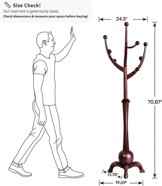 Bekrvio Freestanding Wood Coat Rack with Stable Sphere Base, Wine Red | 8 Hooks Tree Branch Design, Heavy Duty Standing Coat Hanger for Entryway, Hallway, Bedroom, Foyer; Hangs Coats, Hats, Bags