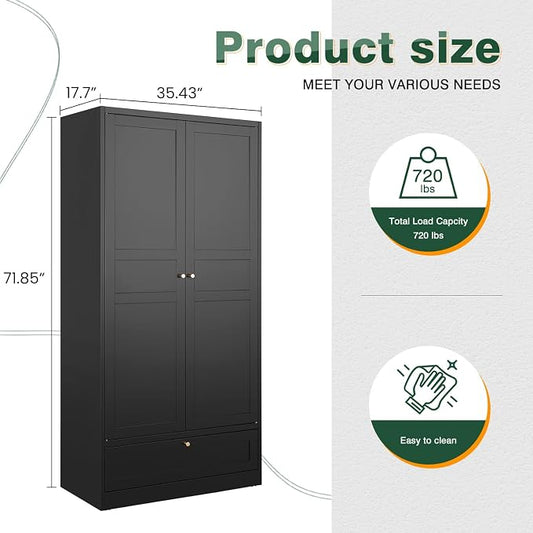 Letaya Metal Wardrobe Cabinets,18" Deep Clothing Storage Cabinet with Doors and Shelves,for Home Room,Fire Department, School, Employee,Gym,Government (Black)