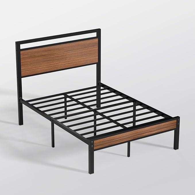 Z-hom Full Metal Bed Frame with Wooden Headboard and Footboard, Heavy Duty Platform Frame with Metal Slats, No Box Spring Needed, Quiet and Non-Slip Design, Space Saving Bed Frame for Bedroom,Walnut