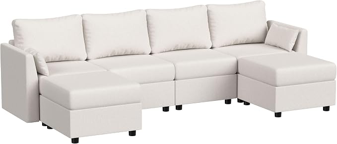 Huatean Home 114.17" Modular Sectional Sofa, 6 Seat Modular Couch with Storage, Memory Foam, Convertible Sectional Couches for Living Room, U Shaped Comfy Modular Sofa with Chaise, White